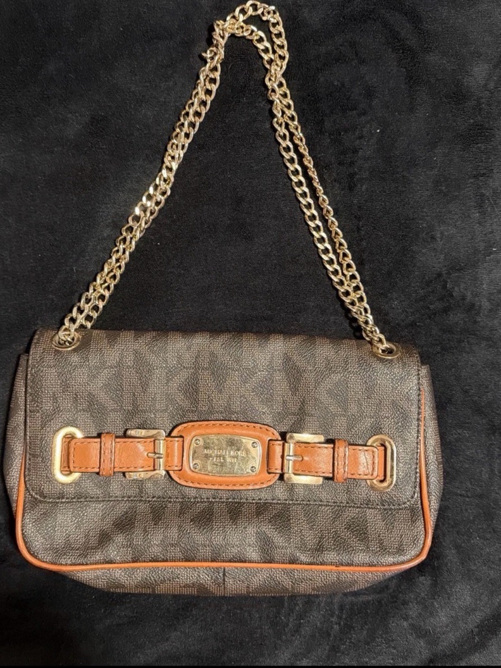 Michael Kors Brown Logo Shoulder Bag with Tan Trim and Gold Chain